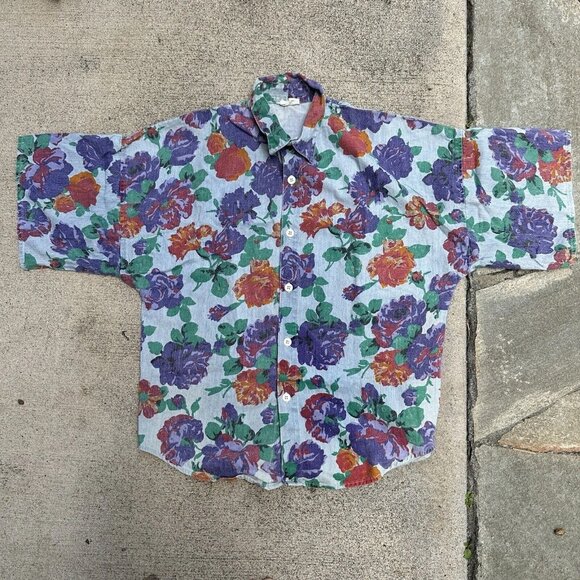 Vintage Floral Button Up Shirt Medium Oversized Denim Look Grunge 90s BONGO - Picture 1 of 7